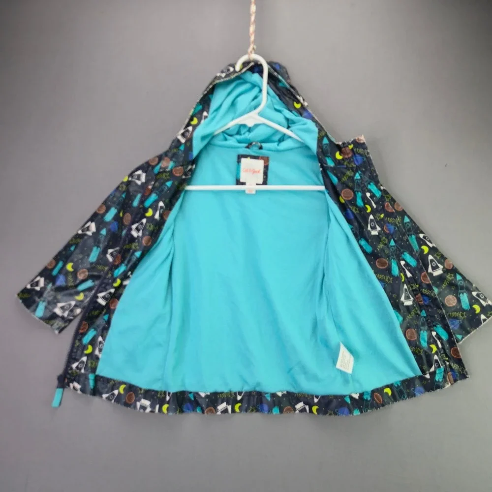 Cat & Jack Rain Jacket Space Rocket Ship 3T Blue Hooded Windbreaker Lined Pocket